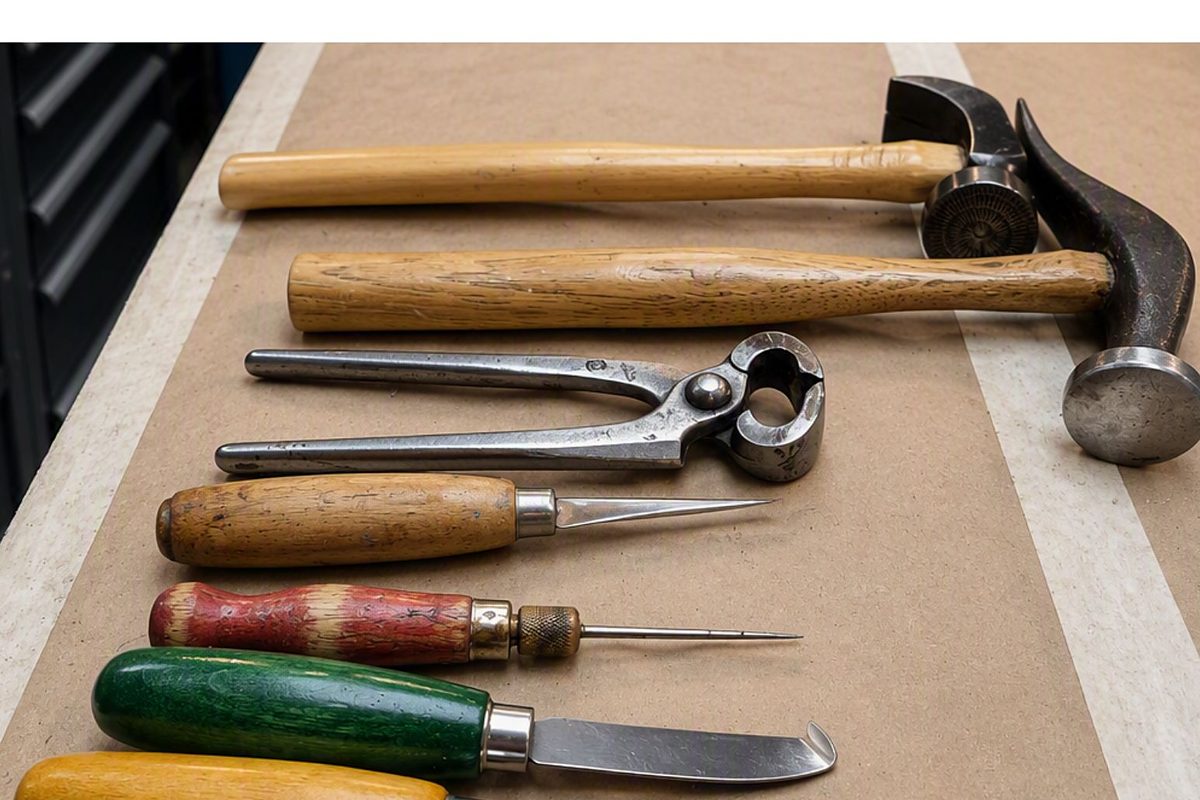 Traditional shoemaking hand tools laid out on the bench