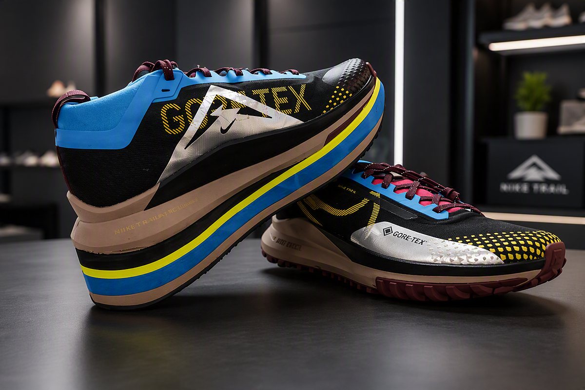 A pair of Nike trail running shoes, the left one with a built-up midsole lift