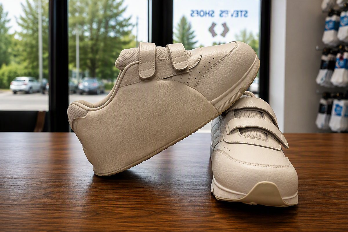 A pair of white therapeutic velcro shoes, the left one with a built-up sole