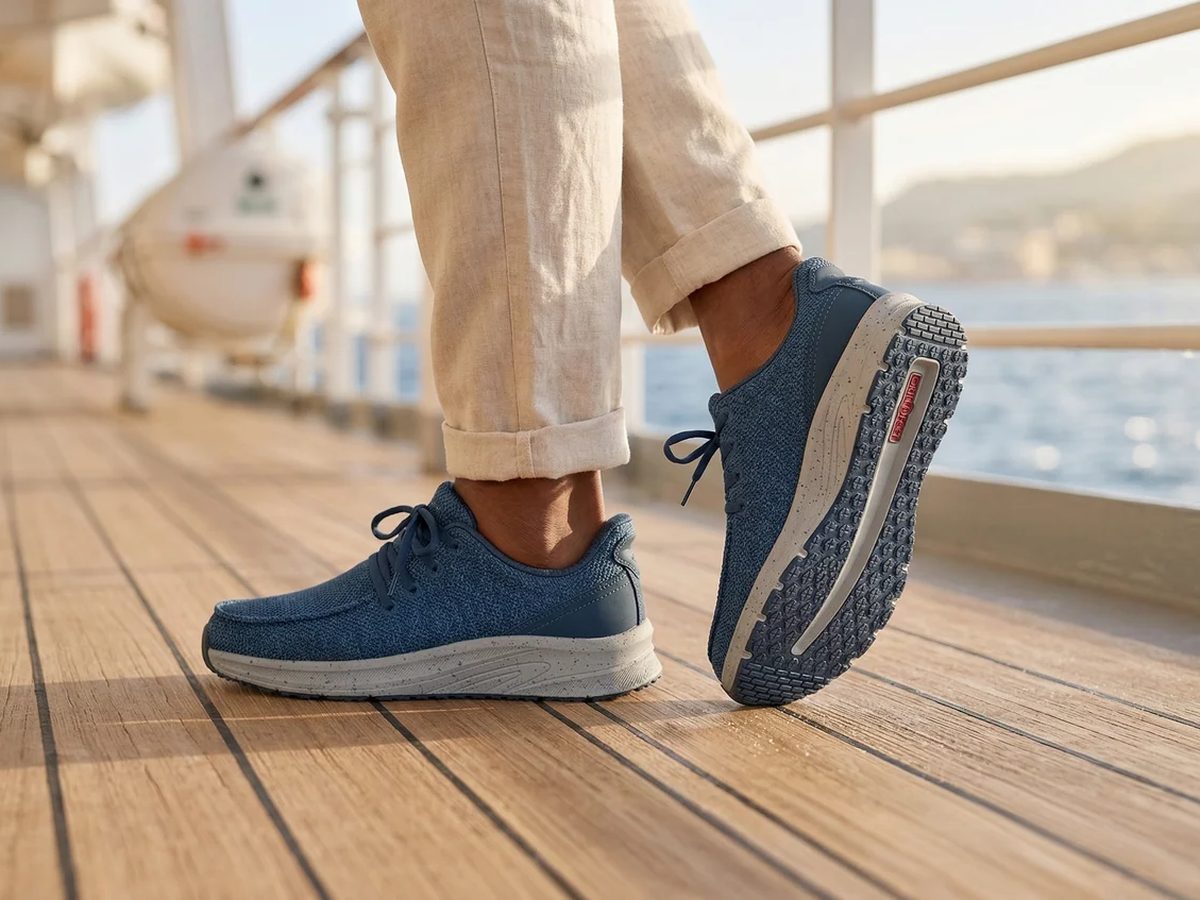 A man walking in a pair of Orthofeet therapeutic shoes